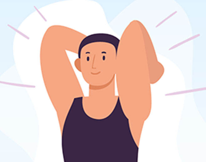 Person stretching arms behind head